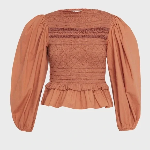 Ulla Johnson Amelia Smocked Puff Sleeve Poplin Blouse in Clay - Picture 1 of 6